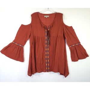 World Market Bohemian Tunic Top Small/Medium Orange Cold Shoulder Bell Sleeve